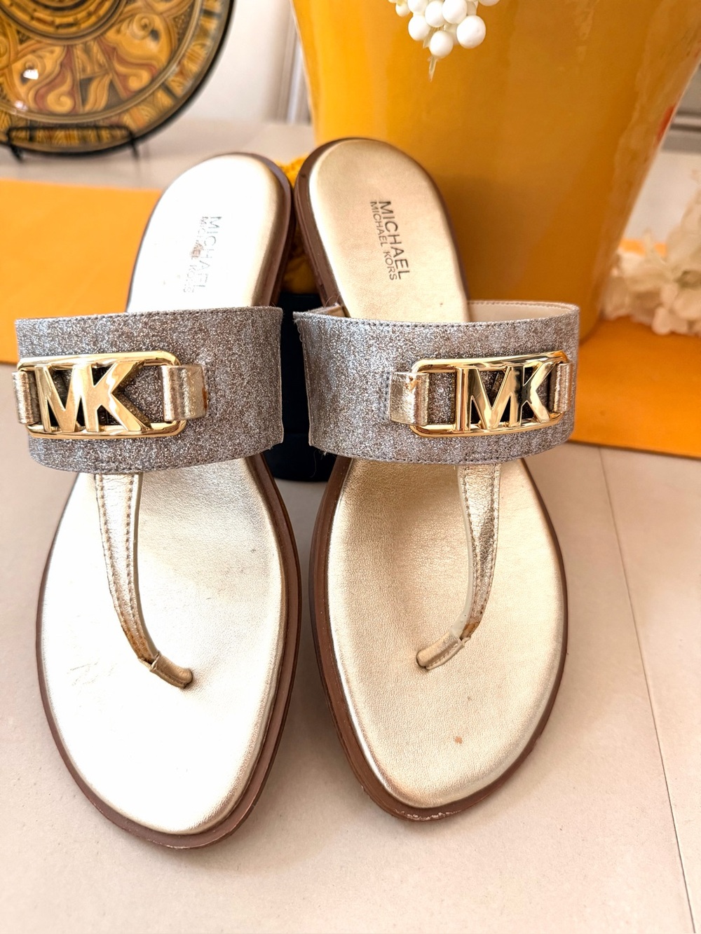 Michael Kors Gold Glitter MK Logo Thong Sandals